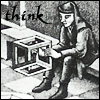 enigel: drawing of a man studying an impossible cube; text "think" (the thinker)