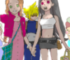 laceblade: fanart of Tifa & Aeris holding hands in a shopping arcade. Tifa excited by goods. Cloud gloomy; other b/g people shocked (FF7: shopping)
