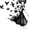 derridian: black and white image of a girl whose black dress turns into black birds (nanami)