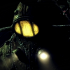 alpha_theta: Theta looming over a splicer, only his helmet visible (Almost rage)