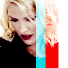 raletha: A close up of number six, head turned, with bars of colour, cyan and red (bsg - six - red and blue)