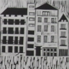 abouthalfthree: black on white lino print of a domestic street (Köln)