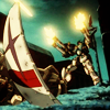 raletha: Endless Waltz Heavyarms laying down a barrage with Trowa's mask in the foreground (gundam wing - heavyarms - mask ew)