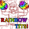 kitsuja: Picture of my fox avatar wearing his trademark goggles, holding up two rainbow birds as he shouts "RAINBOW TITS!!" (RAINBOW TITS)