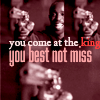 lorax: An icon of Omar, from The Wire, with both guns up and text reading "You come at the king, you best not miss" (Wire - Omar "Best Not Miss")