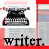 meloukhia: An icon of a typewriter superimposed over printed text. At the bottom, the word 'writer' in smeared print. (Writer)
