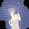 meloukhia: A 1920s-ish fashion illustration of a person in a gauzy gown surrounded by butterflies. Tones of blue, purple, and pink. (Person with butterflies)