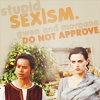 vahinkoelain: A picture of Gwen and Morgana with text "Stupid sexism, Gwen and Morgana do not approve" (stupid sexism)