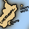 firecat: Cartoon sketch of small island labeled "DREAM WIDTH" off the coast of larger island labeled "LIVEJOURNAL". (Dreamwidth island)