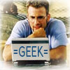 jain: Jake Jensen at his computer. Text: "Geek" (losers jensen is a geek)
