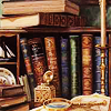 quillori: desk with many books (theme: books (on desk))