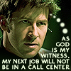 zellieh: John wearing a headset, looking annoyed. Text: As God is my witness, my next job will not be in a call centre (SGA JS Next job won't be a call centre)