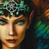 arethinn: feminine face with green eyes and pointed ears, wearing a headpiece of leaves with a seven-pointed star (otherkin (faerie glass))