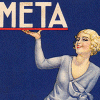 zellieh: Woman holding a tray. On the tray, the text: META. (text: meta)