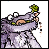 jjhunter: Watercolor purple ruffled monster with mouthful of raw vegetables looks exceedingly self-pleased (veggie monster)