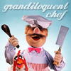 jesse_the_k: Muppet's Swedish chef brandishes cleaver and spoon with rooster at side (grandiloquent cook is grandiloquent)