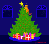 red_trillium: A cartoon orange cat at the top of a Christmas tree that bends slightly (Action Cat on tree)