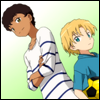 inarticulate: Tagi and Aoto from Ginga e Kickoff! standing together. (watching your back)