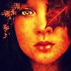outlineofash: A woman's face cast in shades of gold. A red leaf covers one eye. (Sundry - Autumn)