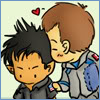 cesare: A cute cartoon of Rodney McKay kissing John Sheppard (sga - J&r - cranky john kiss by chkc)