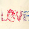 meloukhia: 'Love' drawn as a series of blood vessels in red and blue, with a human heart for the O. (Drawn love)