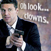 meloukhia: Booth from Bones, holding a gun. 'Oh look. Clowns' is stenciled along the side (Clowns)
