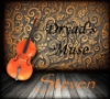 the_cello_man: A cello leaning against a gold and gray swirly wall and gray wooden floorboards, reading "Dryad's Muse" and "Steven" (dryad's muse)