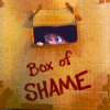 lovepeaceohana: a little face peeking out of a box labeled "box of shame" (box of shame)