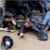 kohikari: a suited dignitary lying on the ground, reaching for his hat, which has tumbled away in the commotion (my hat!!)