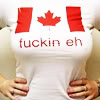 beachlass: woman wearing a white tshirt with a canadian flag and the text "fuckin eh" (eh)