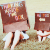 dchan: two people with boxes over their head. Boxes are labeled "thinking inside the box" and "me too" (thinking inside the box)