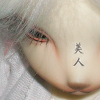 smillaraaq: visual pun: "bijin" over the face of a DollZone white fox Petdoll (kitsune-gao bijin)