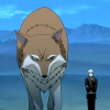charcoalfeathers: A giant red and white wolf walking next to a man (Holo and Lawrence from Spice and Wolf) (wolf)