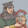 sineala: A Roman soldier wearing a wolfskin cuddles a dog wearing a Roman helmet and cloak. (Frontier Wolf: Soldier and dog)