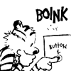 innocentsmith: hobbes presses button on cardboard box, box goes "Boink" (calvin&hobbes: scientific progress?)