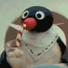 inevitableentresol: Pingu, an animated penguin, blowing bubbles in his drink (Pingu bubbles gif)