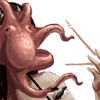 binz: a small pink octopus suctions to a woman's face. two chopsticks fly out of her raised hand. (Default)