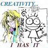 zlabya: Watari Yutaka  holding stick-figure drawing  with caption "I Has Creativity" (Watari)