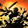 oneill: Darksiders - A silhouette of War brandishing Chaoseater while Ruin rears and bodies scatter around them (and who shall be able to stand?)