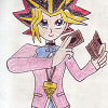 alexseanchai: Yami Yuuki wearing Domino High uniform girl edition and holding Duel Monsters cards (Yuukiverse Yu-Gi-Oh! Yami Yuuki)