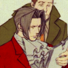 hokuton_punch: An icon of Edgeworth and Gumshoe from the Phoenix Wright games, looking over a file. (phoenix wright edgey gumshoe molested)