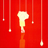 hokuton_punch: An icon of a little girl walking through stylized rain with an umbrella. (iconomicon rain umbrella)