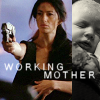 deird1: Aeryn holding a baby and shooting a gun, with text "working mother" (Aeryn working mother and baby)