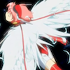 charcoalfeathers: Anime girl in red and white, and white wings, flying in bliss (flying)