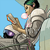 were_duck: Alana from Saga in a soldier suit sitting on a rocket, blowing bubblegum and reading a book (Bubblegum Alana)
