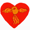 phoenixsong: An orange bird with red, orange and yellow wings outstretched, in front of a red heart. (Default)