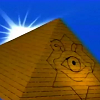 alexseanchai: A golden pyramid with the Eye of Horus upside-down (when right-side-up, the Millennium Puzzle) in front of sun, blue sky (Yu-Gi-Oh! Season 0 pyramid-puzzle)