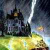 athousandsmiles: a spooky house with lightning striking close by (haunted house)