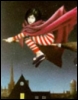 dustyasymptotes: Girl wrapped up in cerise coloured blanket rides broomstick in red and white striped pajamas. (highflying)