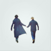 sentientcitizen: John and Sherlock walk off into a pale blue background. (BBC's SH - Sherlock and John)
